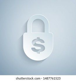Paper cut Money lock icon isolated on grey background. Padlock and dollar symbol. Finance, security, safety, protection, privacy concept. Paper art style. Vector Illustration