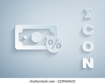 Paper cut Money percent icon isolated on grey background. Percent loyalty wallet sign. Paper art style. Vector Illustration