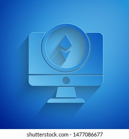 Paper cut Monitor and Cryptocurrency coin Ethereum ETH icon isolated on blue background. Altcoin symbol. Blockchain based secure crypto currency. Paper art style. Vector Illustration
