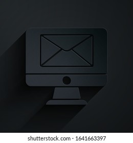 Paper cut Monitor and envelope, new message, mail icon isolated on black background. Usage for e-mail newsletters, headers, blog posts. Paper art style. Vector Illustration