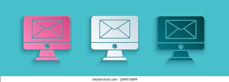 Paper cut Monitor and envelope, new message, mail icon isolated on blue background. Usage for e-mail newsletters, headers, blog posts. Paper art style. Vector Illustration