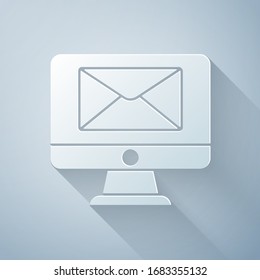 Paper cut Monitor and envelope, new message, mail icon isolated on grey background. Usage for e-mail newsletters, headers, blog posts. Paper art style. Vector Illustration