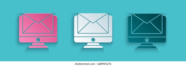 Paper cut Monitor and envelope, new message, mail icon isolated on blue background. Usage for e-mail newsletters, headers, blog posts. Paper art style. Vector Illustration