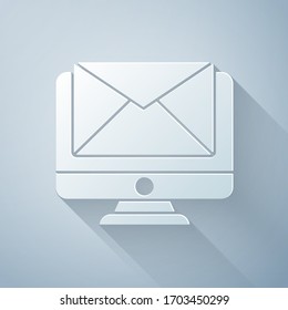 Paper cut Monitor and envelope, new message, mail icon isolated on grey background. Usage for e-mail newsletters, headers, blog posts. Paper art style. Vector Illustration