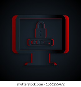 Paper cut Monitor with password notification and lock icon isolated on black background. Security, personal access, user authorization, login form. Paper art style. Vector Illustration