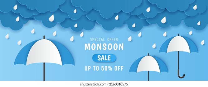 Paper cut of monsoon sale offer banner template with clouds, rain drop and cute umbrella on blue background. Vector illustration