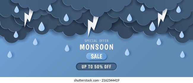 Paper cut of monsoon sale offer banner template with clouds, rain drop and  lightning on dark blue background. Vector illustration