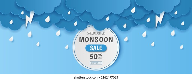 Paper cut of monsoon sale offer banner template with clouds, rain drop and  lightning on blue background. Vector illustration