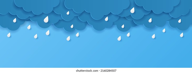 Papier geschnitten mit Monsun Jahreszeit Banner. Wolken und Regen fallen auf blauem Hintergrund. Vektorgrafik