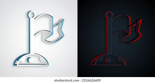 Paper cut Moon with flag icon isolated on grey and black background. Paper art style. Vector