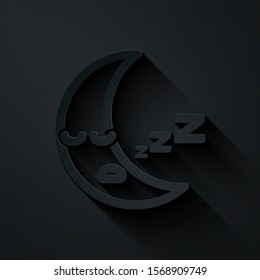 Paper cut Moon icon isolated on black background. Cloudy night sign. Sleep dreams symbol. Night or bed time sign. Paper art style. Vector Illustration