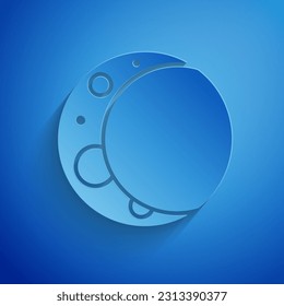 Paper cut Moon icon isolated on blue background. Paper art style. Vector Illustration