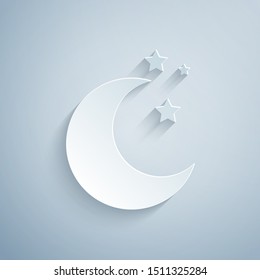 Paper cut Moon and stars icon isolated on grey background. Paper art style. Vector Illustration