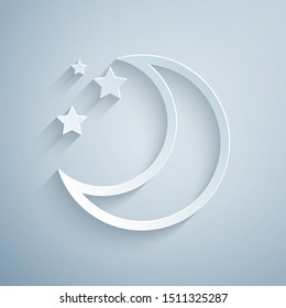 Paper cut Moon and stars icon isolated on grey background. Paper art style. Vector Illustration