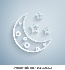 Paper cut Moon and stars icon isolated on grey background. Paper art style. Vector Illustration