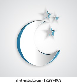 Paper cut Moon and stars icon isolated on grey background. Paper art style. Vector Illustration