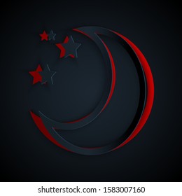 Paper cut Moon and stars icon isolated on black background. Paper art style. Vector Illustration
