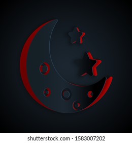 Paper cut Moon and stars icon isolated on black background. Paper art style. Vector Illustration