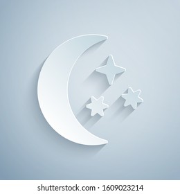 Paper cut Moon and stars icon isolated on grey background. Paper art style. Vector Illustration