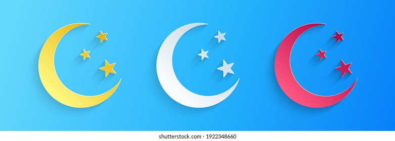 Paper cut Moon and stars icon isolated on blue background. Paper art style. Vector.