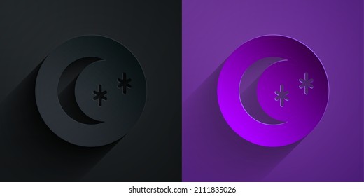 Paper cut Moon and stars icon isolated on black on purple background. Cloudy night sign. Sleep dreams symbol. Full moon. Night or bed time sign. Paper art style. Vector