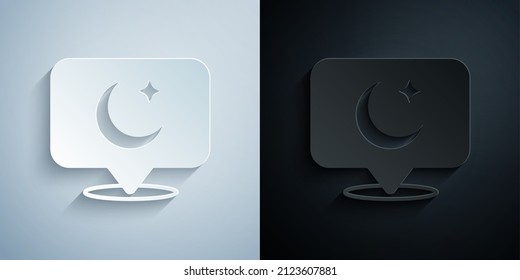 Paper cut Moon and stars icon isolated on grey and black background. Cloudy night sign. Sleep dreams symbol. Full moon. Night or bed time sign. Paper art style. Vector