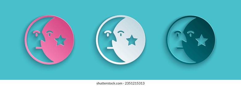 Paper cut Moon and stars icon isolated on blue background. Paper art style. Vector