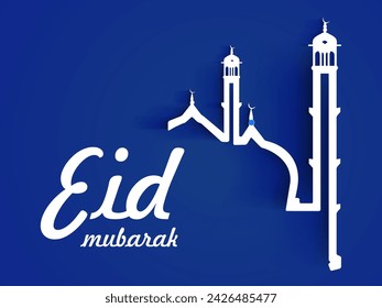 Paper Cut Mosque on Blue Background For Muslim Community Festival of Eid Mubarak.