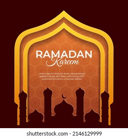 paper cut of mosque silhouette for islamic festival design with mosaic pattern and islamic decorations. yellow ramadan kareem background.