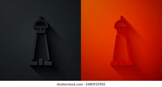 Paper cut Mosque tower or minaret icon isolated on black and red background. Paper art style. Vector