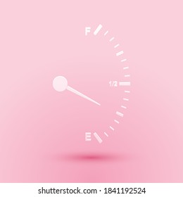 Paper cut Motor gas gauge icon isolated on pink background. Empty fuel meter. Full tank indication. Paper art style. Vector.