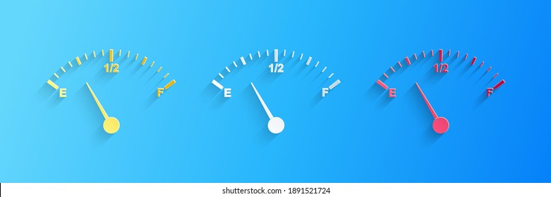 Paper cut Motor gas gauge icon isolated on blue background. Empty fuel meter. Full tank indication. Paper art style. Vector.