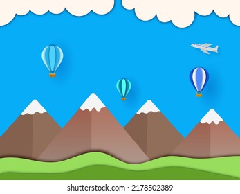 Paper Cut Mountain With Hot Air Balloons, Airplane, Clouds And Waves On Blue Background.