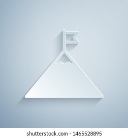 Paper cut Mountains and flag on top icon isolated on grey background. Symbol of victory or success concept. Paper art style. Vector Illustration