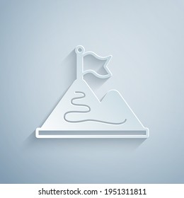 Paper cut Mountains with flag on top icon isolated on grey background. Symbol of victory or success concept. Goal achievement. Paper art style. Vector