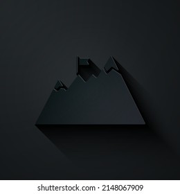 Paper cut Mountains with flag on top icon isolated on black background. Symbol of victory or success concept. Goal achievement. Paper art style. Vector