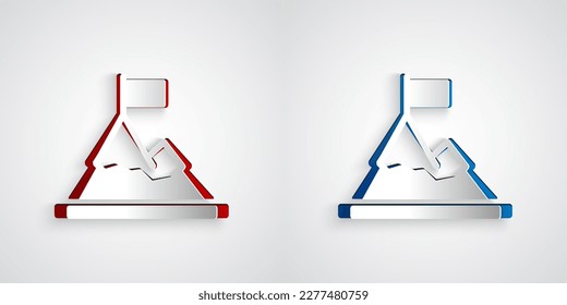 Paper cut Mountains with flag on top icon isolated on grey background. Symbol of victory or success concept. Goal achievement. Paper art style. Vector