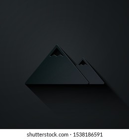 Paper cut Mountains icon isolated on black background. Symbol of victory or success concept. Paper art style. Vector Illustration