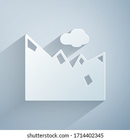 Paper cut Mountains icon isolated on grey background. Symbol of victory or success concept. Paper art style. Vector Illustration