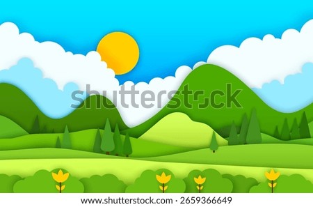 Paper cut mountains landscape. Summer or spring nature panorama, outdoor hike travel scenery or paper cut background with clouds ans sun, mountain peaks, flowers on green meadow and forest trees