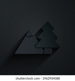 Paper cut Mountains with tree icon isolated on black background. Symbol of victory or success concept. Paper art style. Vector