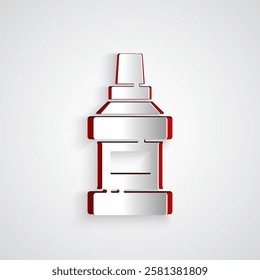 Paper cut Mouthwash plastic bottle icon isolated on grey background. Liquid for rinsing mouth. Oralcare equipment. Paper art style. Vector