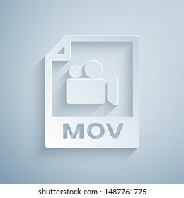 Paper cut MOV file document. Download mov button icon isolated on grey background. MOV file symbol. Audio and video collection. Paper art style. Vector Illustration