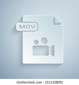 Paper cut MOV file document. Download mov button icon isolated on grey background. MOV file symbol. Audio and video collection. Paper art style. Vector Illustration