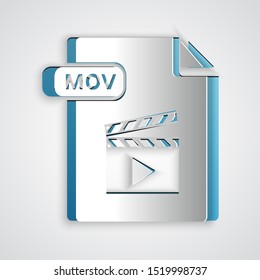 Paper cut MOV file document. Download mov button icon isolated on grey background. MOV file symbol. Audio and video collection. Paper art style. Vector Illustration