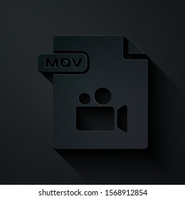 Paper cut MOV file document. Download mov button icon isolated on black background. MOV file symbol. Audio and video collection. Paper art style. Vector Illustration