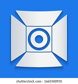 Paper cut Movie spotlight icon isolated on blue background. Light Effect. Scene, Studio, Show. Paper art style. Vector Illustration