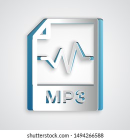 Paper cut MP3 file document. Download mp3 button icon isolated on grey background. Mp3 music format sign. MP3 file symbol. Paper art style. Vector Illustration