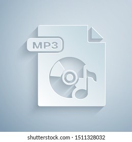 Paper cut MP3 file document. Download mp3 button icon isolated on grey background. Mp3 music format sign. MP3 file symbol. Paper art style. Vector Illustration