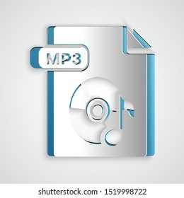 Paper cut MP3 file document. Download mp3 button icon isolated on grey background. Mp3 music format sign. MP3 file symbol. Paper art style. Vector Illustration